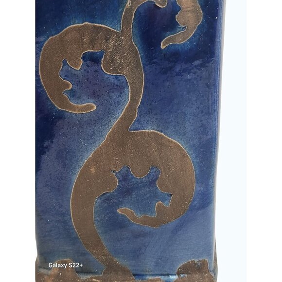 Blue & Black Rectangular Ceramic Vase With Decorative Scroll Design - Picture 5 of 7
